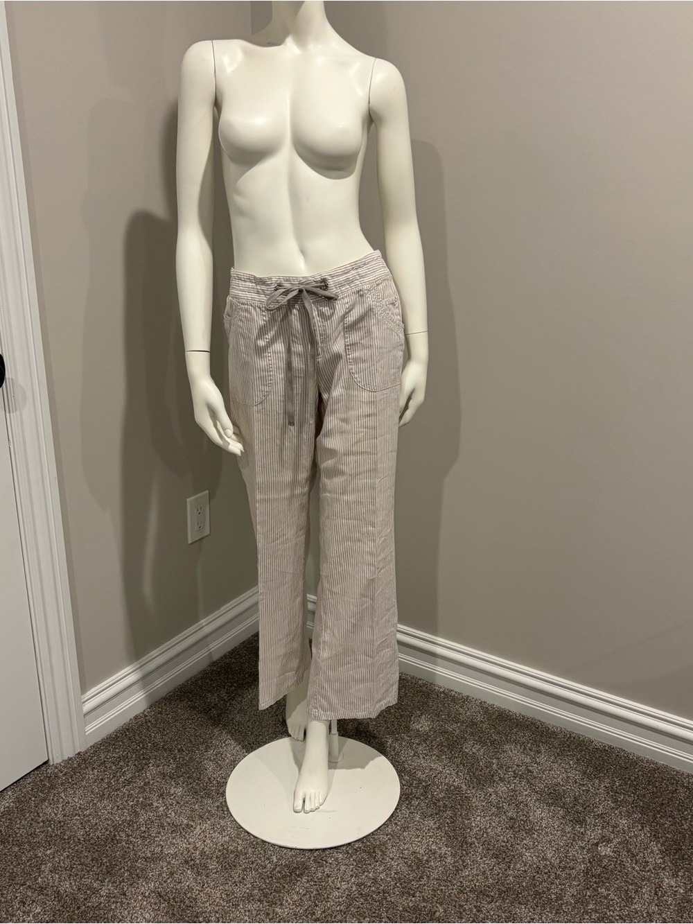 Casual Drawstring Linen-Blend Stripe Pants in Light Beige